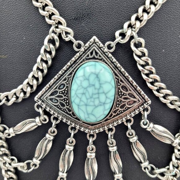 Vtg Boho Statement Necklace Blue & Red Accents Silvertone Chains Gypsy Goth - Picture 5 of 7